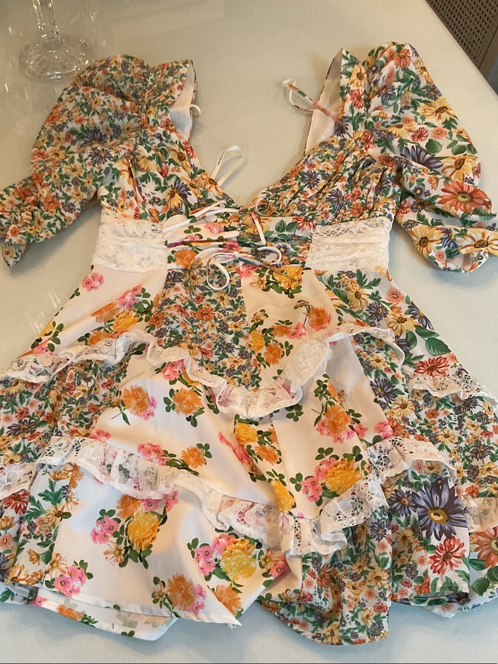 FOR THE LOVE OFFloral Lace-Trim Puff Sleeve Dress - White with Multi Flower Prin